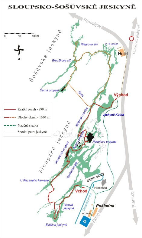 Mapa Sloupsko - šošůvských jeskyní